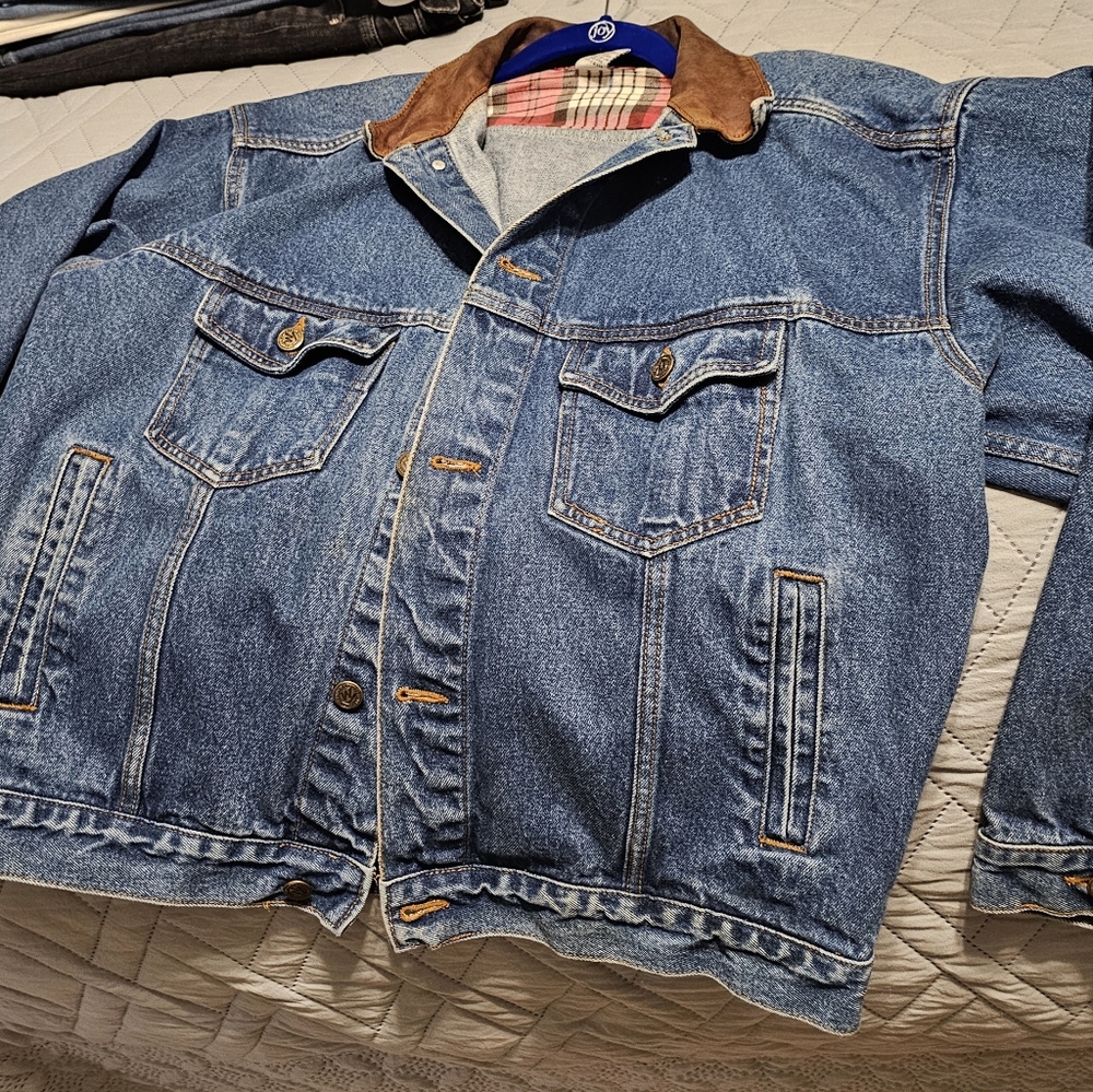 Vintage Marlboro Country Store Jacket Mens L Blue Denim Trucker Leather Collar